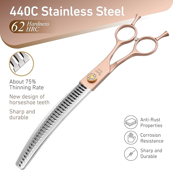 Fenice Peak Professional Curved Chunker Dog Grooming Scissors 7.0'' Rose Gold Thinning Shears Extremely Sharp Blades 440C Stainless Steel Thinning Shears Durable Smooth Fine Cut for Dogs and Cats.-Mewly Pet