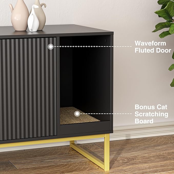 Cat Litter Box Enclosure, Fluted Hidden Litter Box Furniture with Scratch Pad and Metal Legs, Modern Enclosed Cat Cabinet, 31.5 x 17.7 x 21.7 Inches Indoor Pet House for Living Room, Washroom, Black-Mewly Pet
