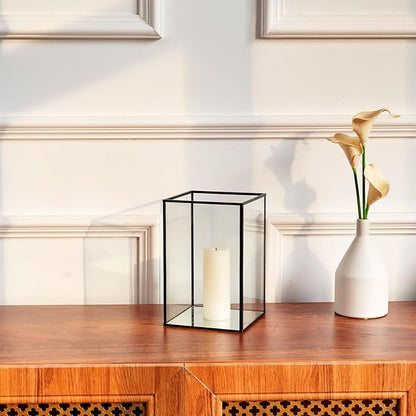 PHOSPHOR Glass Hurricane Candle Holder Set of 3 PCS Large Glass Square Candle Holder Black Lanterns Decorative for Pillar Candle Indoor Candle