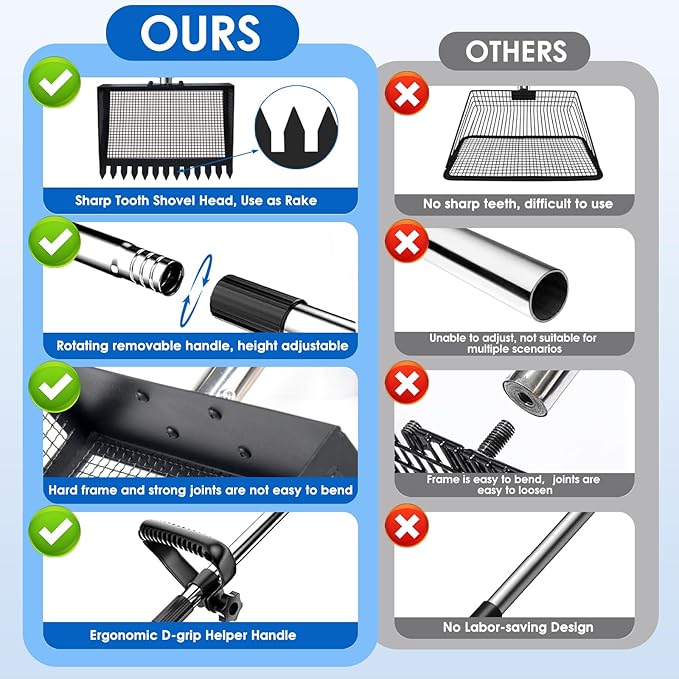 Chicken Poop Scooper & Rake 2-in-1, 32 to 68" Adjustable Stainless Steel Chicken Litter Scoop with Handle and Glove for Chick Coop Sands Multifunctional Litter Sifting Shovel for Hen Animals House-Mewly Pet