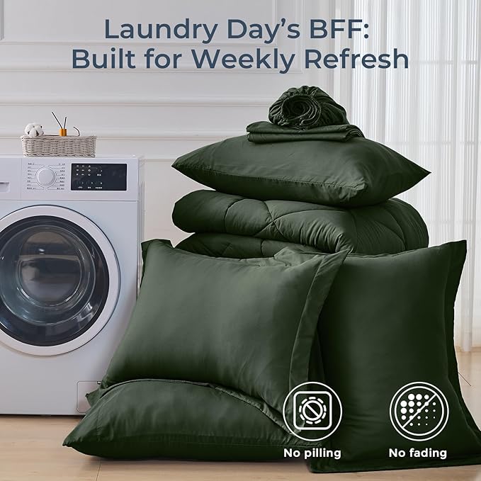 HEVUMYI Army Green Full Comforter Set - 7-Piece All Season Bed in a Bag Full, Ultra Soft Bedding Set with Comforter, Flat Sheet, Fitted Sheet, Pillowcases, Pillow Shams