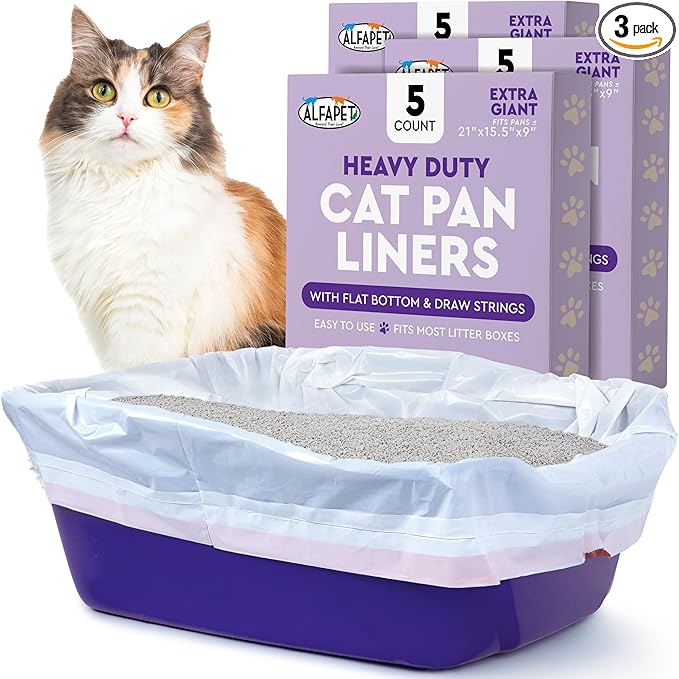 Alfapet Heavy Duty Flat Bottom Cat Litter Box Liners - Extra Giant 15 Count - Tear-Resistant Cat Litter Bags - Kitty Litter Liners for Rectangular Litterbox Pans, 36” x 18” x 2MIL Thick 30 lb Capacity-Mewly Pet