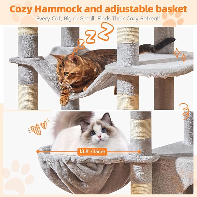 Taoqimiao Large Cat Tree，73-Inch Cat Tree Tower with 9 Scratching Posts for Indoor Cats, 2 Large Cat Condo with Hammock, Hanging Basket, 2 Extended Platform, Light Gray MS013XLW-Mewly Pet