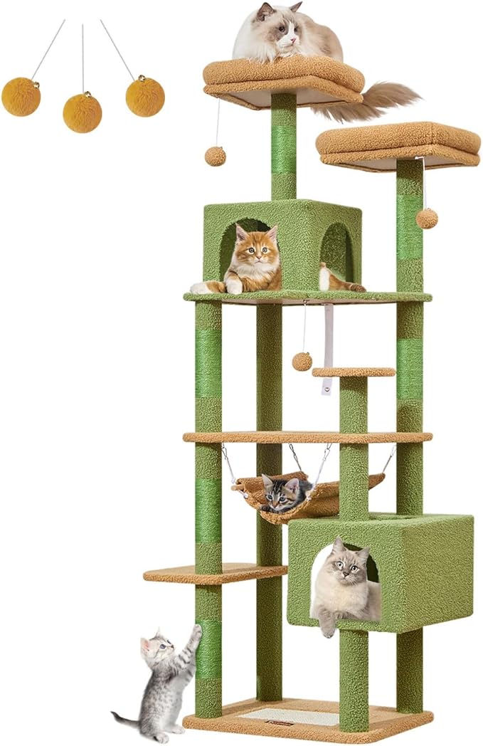 Taoqimiao Cat Tree, 68-Inch Cat Tree Cat Tower for Indoor Cats, Plush Multi-Level Cat Condo with 6 Scratching Posts, 2 Perches, 2 Caves,Hammock, 3 Pompoms,MS020ST Cactus-Mewly Pet