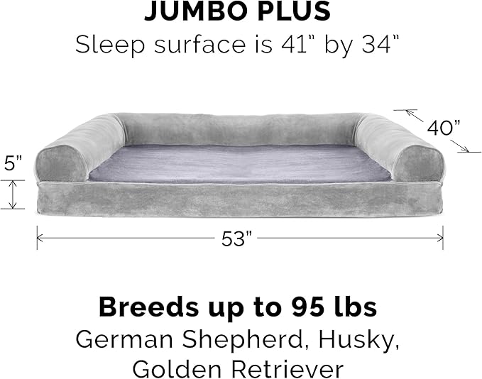 Furhaven Cooling Gel Dog Bed for Large Dogs w/ Removable Bolsters & Washable Cover, For Dogs Up to 125 lbs - Faux Fur & Velvet Sofa - Smoke Gray, Jumbo Plus/XXL-Mewly Pet