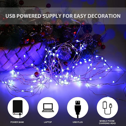 USB Powered Fairy Lights, 100 led 33 ft. USB Plug in Copper Wire USB String Lights for Bedroom Christmas Decoration Wedding Party Firefly Lights (Blue,1 Pack)
