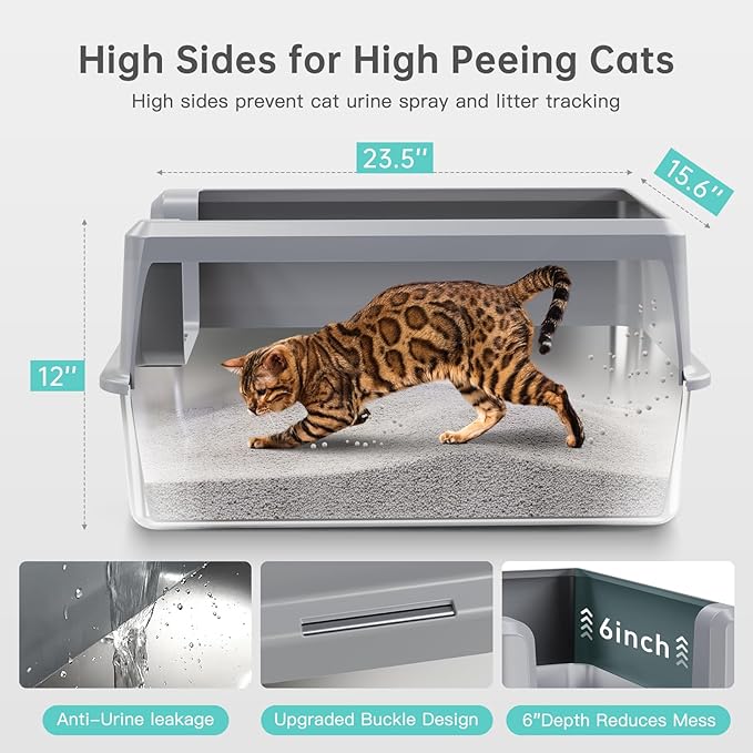 Enclosed Stainless Steel Cat Litter Box with Lid, XL Extra Large Litter Box for Big Cats, Metal Litter Pan High Sided, Never Absorbs Odors, Anti-Urine Leakage, Include Scoop (SH-Light Gray)-Mewly Pet