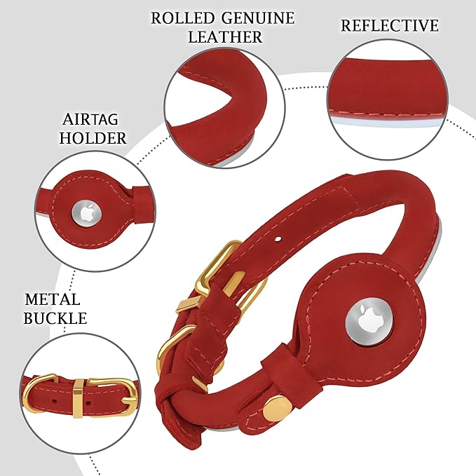 OOPSDOGGY Rolled Leather Dog Collar with Airtag Holder - Reflective Round Airtag Dog Collar - Soft Tracking Pet Collar for Small Dogs Puppy Cats Kitten (Red, S, 10"-13")-Mewly Pet