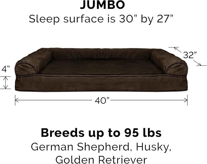 Furhaven Orthopedic Dog Bed for Large Dogs w/ Removable Bolsters & Washable Cover, For Dogs Up to 95 lbs - Plush & Suede Sofa - Espresso, Jumbo/XL-Mewly Pet