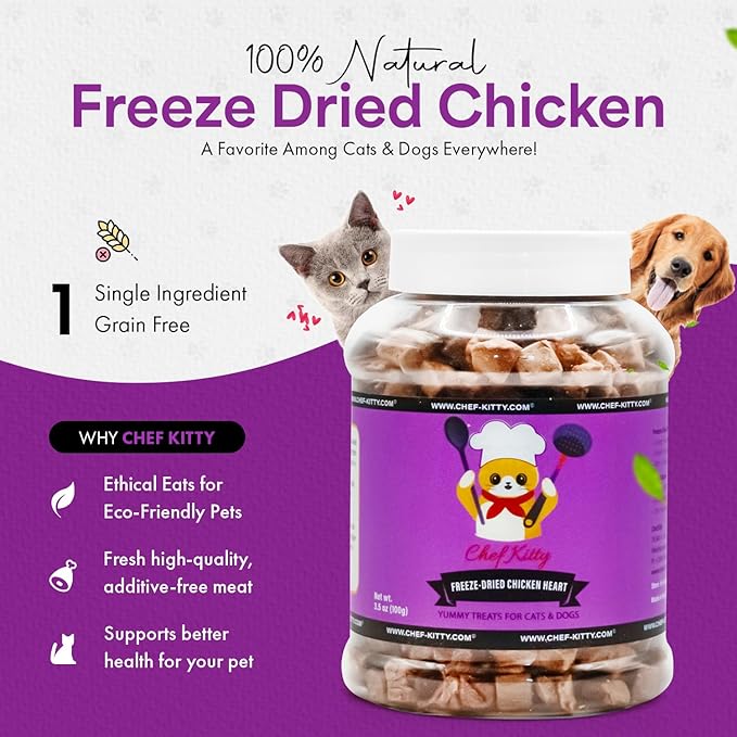 Freeze-Dried Chicken Heart Treats for Cats & Dogs – 100% Human Grade, Single Ingredient, High-Protein, Healthy Snack – No Additives or Preservatives – 2.6oz - Inspected & Tested in USA-Mewly Pet