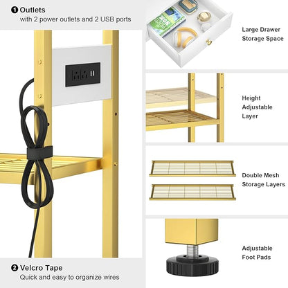 Ecoprsio 47'' Entryway Table with Outlets and USB Ports, Console Table with 3 Drawers, Sofa Table Narrow Long with Storage Shelves for Living Room, Couch, Hallway, Foyer, White and Golden