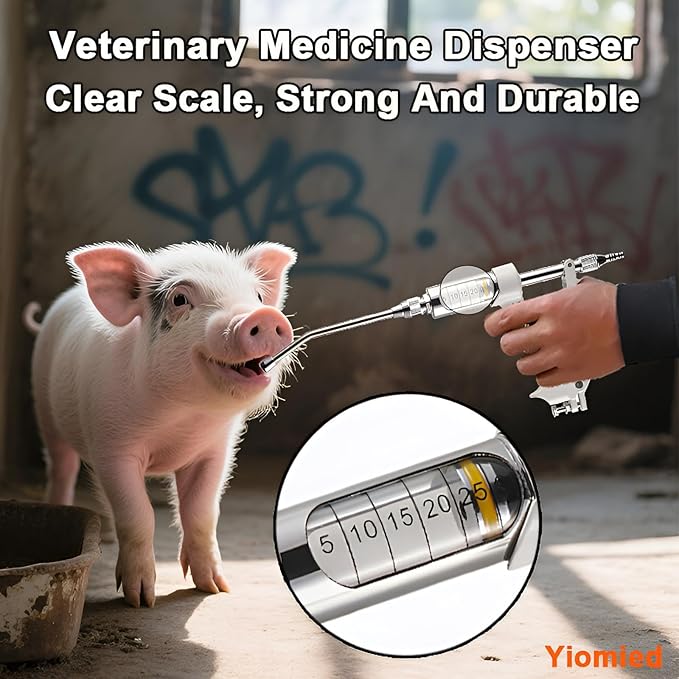 30ML Veterinary Metal Feeding Gun, Continuous Drench Gun Dosing Device Veterinary Adjustable Medicine Dispenser Husbandry Autonomous Feeding Tool, for Pig Cow, Sheep, Horse (White Color, 30ML+Kettle)-Mewly Pet