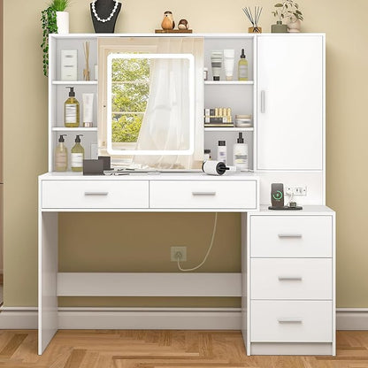 Quimoo Vanity Desk with Lighted Mirror and Power Outlet, Makeup Vanity Desk with 5 Drawers and Cabinet, Hidden and Open Shelves, White Vanity Table Set with 3 Color Lighting
