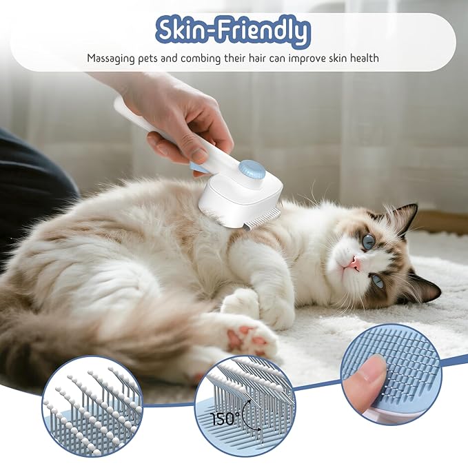 Self Cleaning Slicker Brush, 2-in-1 Cat Brush for Shedding, Skin Friendly Grooming Tool for Long & Medium-Long Hair Pets, Adjustable Bristle Length with Dematting Comb for Cats, Dogs (Blue)-Mewly Pet