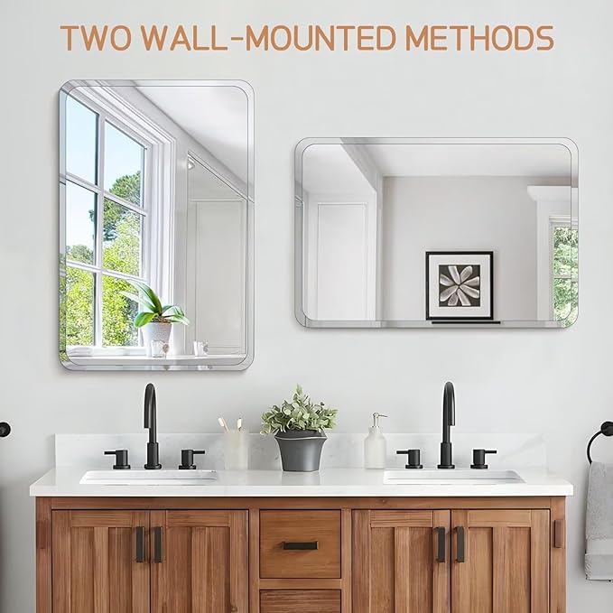 Frameless Bathroom Mirror for Over Sink,Wall Mounted Vanity Mirrors 16x24in,Rounded Rectangle Mirror Frameless with Polished Edge for Bedroom,Living Room,Entryway,Shatterproof (Horizontal/Vertical)