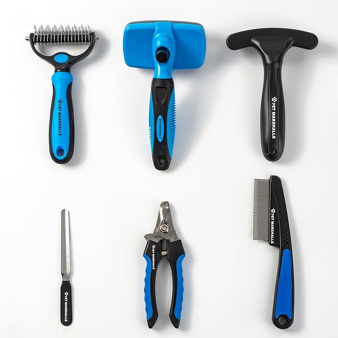 Pet Grooming Brushes Kit - 6-in-1 Complete Grooming Accessories for Deshedding, Detangling, and Dematting including Nail Clipper and File-Mewly Pet