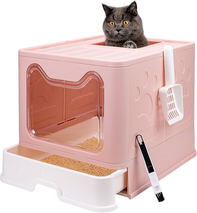 Foldable Cat Litter Box with Lid, Enclosed Potty, Large Top Entry Anti-Splashing Toilet, Easy to Clean Including Litter Scoop and 2-in-1 Cleaning Brush (Pink)-Mewly Pet