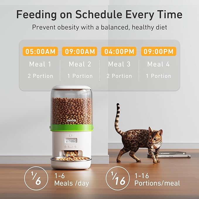 Automatic Cat Feeder - 4L Timed Auto Pet Feeder for Cat and Dog with Dry Food Dispenser, 180-day Battery Life, 1-6 Meals Per Day, 1-16 Portion, Desiccant Bag Keeps Food Fresh-Mewly Pet