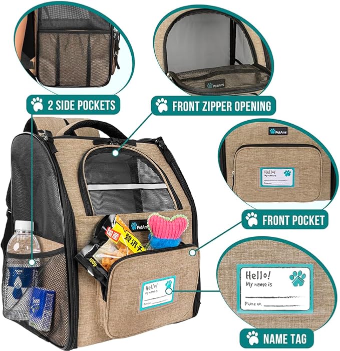 PetAmi Dog Backpack Carrier for Small Large Cat, Pet, Puppy, Ventilated Pet Hiking Backpack Travel Bag, Airline Approved Cat Backpack Carrier, Camping Biking Dog Bag Up to 18lbs Pet, Taupe-Mewly Pet
