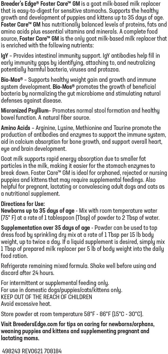 Breeder's Edge Foster Care GM - Goat Milk Based Powdered Milk Replacer - Puppies , Kittens , Cats & Dogs Formula - Easy Digestion - 5 lb-Mewly Pet