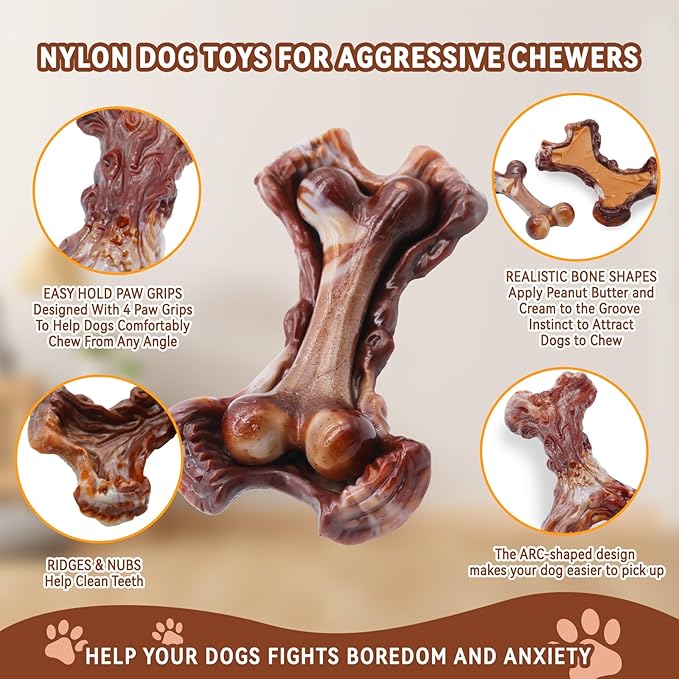 Magicorange Tough Dog Toys, Chew Toys for Aggressive Chewers, Dog Bone Toy Nylon Almost Indestructible Dogs Toy for Teeth Cleaning and Training (Brown)-Mewly Pet