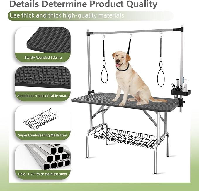 VFK 47'' Large Dog Grooming Table Stainless Steel Foldable Grooming Table for Dogs at Home Adjustable Height Arms Pet Station with Nooses, Mesh Tray, Tool Organizer-Mewly Pet