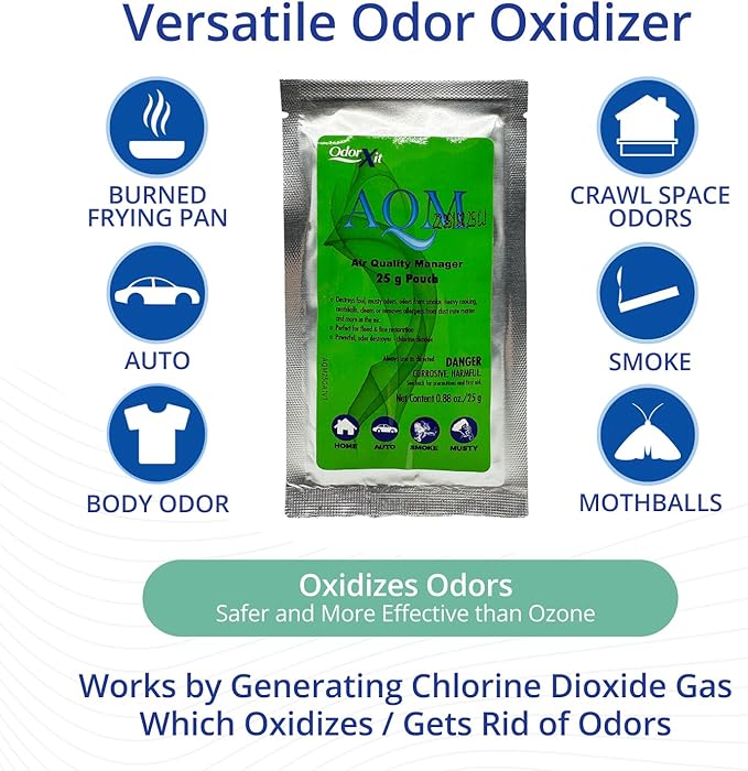 AQM by OdorXit, Air Quality Manager Chlorine Dioxide Odor Removal Packet, Dog Odor Eliminators for Hom, Wet Dog Smell & Car Deodorizer, Cigarette & Strong Smell Neutralizer, 25g-Mewly Pet