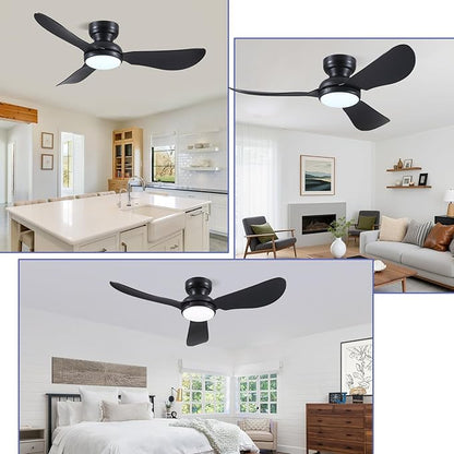 46 Inch Modern Ceiling Fans with Lights, Flush Mount Ceiling Fan with Remote/APP Control, 3 Reversible Curved Blades, 6 Speeds, 3 CCT Dimmable Lights for Bedroom Kitchen, Black