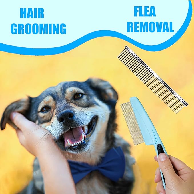 Dog Brush Grooming Kit 5PCS - Dog Brushes for Grooming, Dog Brush for Shedding,Puppy Brush and Flea Comb for Dogs, Slicker Brush Comb and Dog Hair Brush Set Blue-Mewly Pet