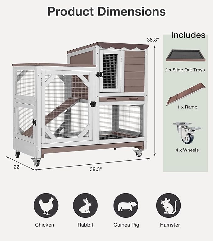 Rabbit Hutch 2-Story Wooden Bunny Cage with 2 Leak-Proof Sliding Trays, Chew-Proof Metal Mesh, Rainproof Cover, Indoor & Outdoor Guinea Pig House with Wheels - Brown-Mewly Pet