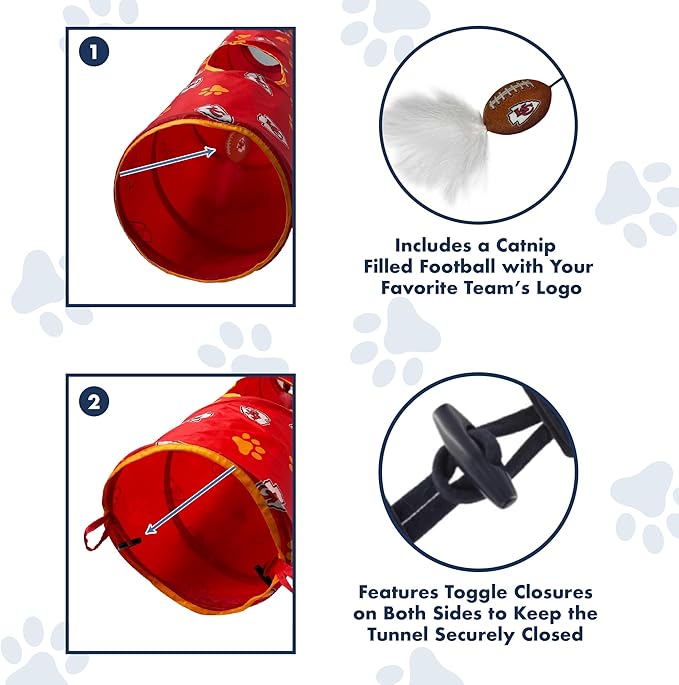 NFL Kansas City Chiefs Cat Tunnel Tube Toy with Plush Football Catnip and Feathers Collapsible Tunnel for Cats to Play, Peek and Hide, Sporty & Fun Cat Tunnel Toy with Team Logo All-Over Design!-Mewly Pet