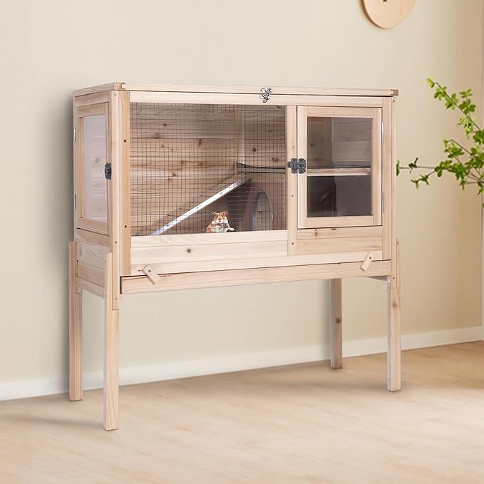 GUTINNEEN Guinea Pig Cage Rabbit Cage Indoor with Chew-Proof Edges, Clean Deep Tray, Leakproof PVC Layer, Small Animals Cage with Adjustable Legs - Natural Wood Color-Mewly Pet