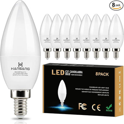 hansang 8 Pack E12 Candelabra LED Bulbs 5000K Bright Daylight, Small Base Ceiling Fan Light Bulb 6W, Type B Light Bulb for Chandelier, Candle Shape B11 Light Bulb, 600LM, Non-dimmable