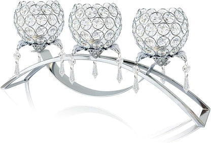 Set of 3 Gold Crystal Tea Light Candlestick Holders Flower Shape with Crystal Pendant Bowl Votive Metal Candle Holder for Table Centerpieces Wedding Home Decor (Silver, 3 arm)