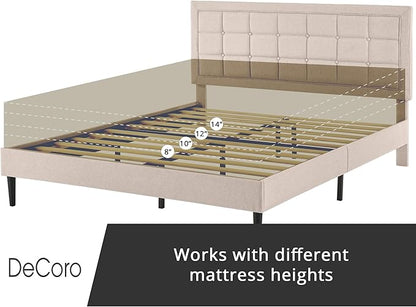 Decoro Mornington Upholstered 2.0 Platform Bed, Button-Tufted Fabric Headboard and Metal Frame with Wood Slat Support, Linen, King