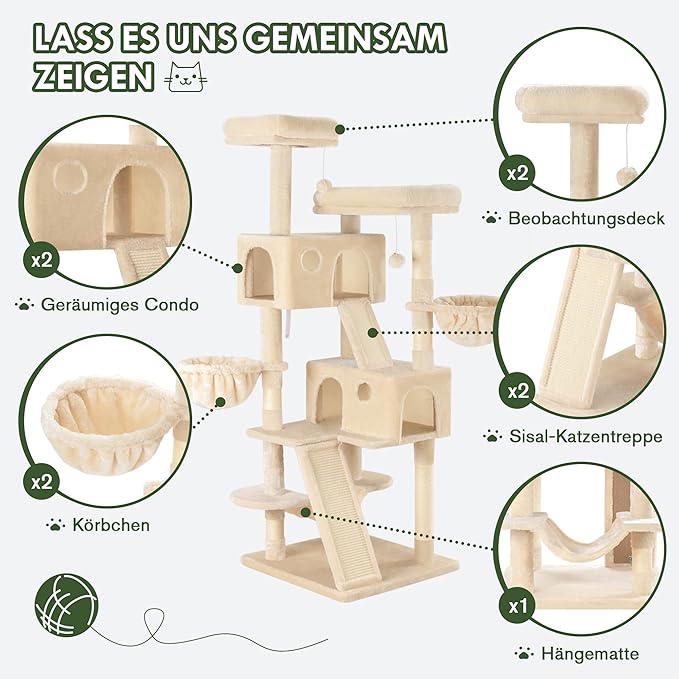 MUTICOR 66 Inches Multi-Level Large Cat Tree Tower for Indoor Big Feline/Cozy Plush Perches/Condo/Sisal Scratching Posts/Hammock and Baskets/Activity Center Play House/Wide Base/Beige-Mewly Pet