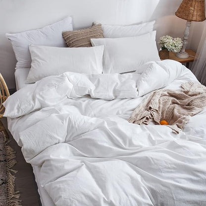 MooMee Bedding Duvet Cover Set 100% Washed Cotton Linen Like Textured Breathable Durable Soft Comfy (Solid Off White, Full 80"x90")
