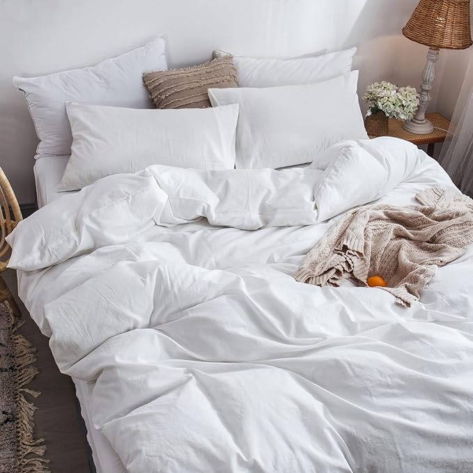 MooMee Bedding Duvet Cover Set 100% Washed Cotton Linen Like Textured Breathable Durable Soft Comfy (Solid Off White, Oversized Queen 98"x98")