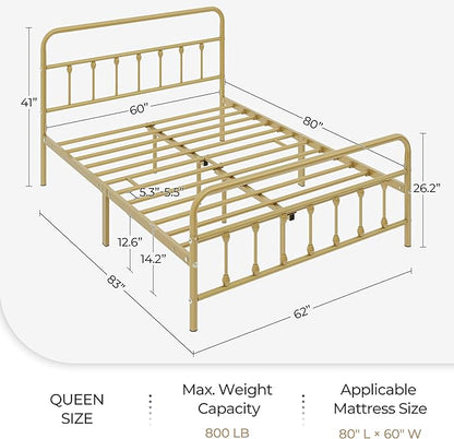 Yaheetech Classic Metal Platform Bed Frame Mattress Foundation with Victorian Style Iron-Art Headboard/Footboard/Under Bed Storage/No Box Spring Needed/Queen Size Antique Gold