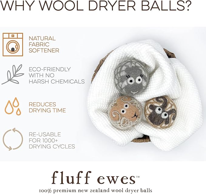 Fluff Ewes Wool Dryer Balls 3 Pack Premium New Zealand Wool Laundry Balls for Dryer, No Static Dryer Balls Laundry Reusable Cute - XL Wool Dryer Balls Cute, Baby Dryer Balls for Dryers - Lights-Mewly Pet