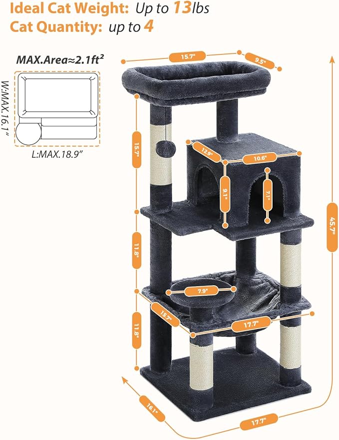 PETEPELA 45.7" Cat Tree for Indoor Cats, 5-Level Cat Tower for Large Cats with Metal Frame Large Hammock (17.3"x15.3"), Cat Condo with (18.5"x13") Big Top Perch & 4 Sisal Covered Scratching Post Dark-Mewly Pet