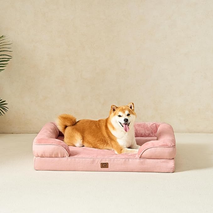 EHEYCIGA Orthopedic Dog Beds for Large Dogs, Waterproof Memory Foam Large Dog Bed with Sides, Non-Slip Bottom and Egg-Crate Foam Pet Couch Bed with Washable Removable Cover, Dusty Pink-Mewly Pet