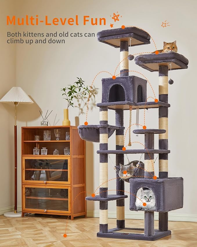 Taoqimiao Cat Tree, 71-Inch Cat Tree Cat Tower for Indoor Cats, Plush Multi-Level Cat Condo with 10 Scratching Posts, 2 Perches,Basket, 2 Caves,Hammock, 2 Pompoms,MS020G Beige Smoky Gray-Mewly Pet