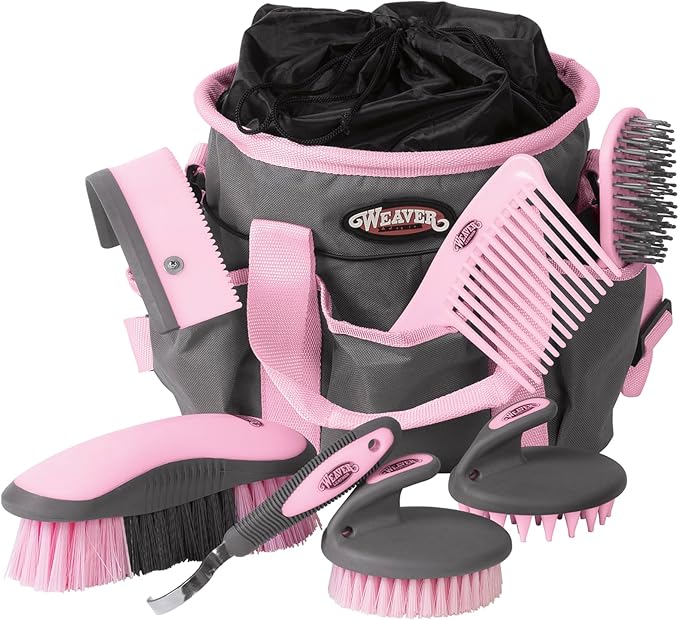 Weaver Leather Horse Grooming Kit, 7-piece Horse Brush Set with Organizer Tote Bag, Equine Care, Horse Tack Room Equipment, Grooming Horse Supplies, Gray/Pink-Mewly Pet