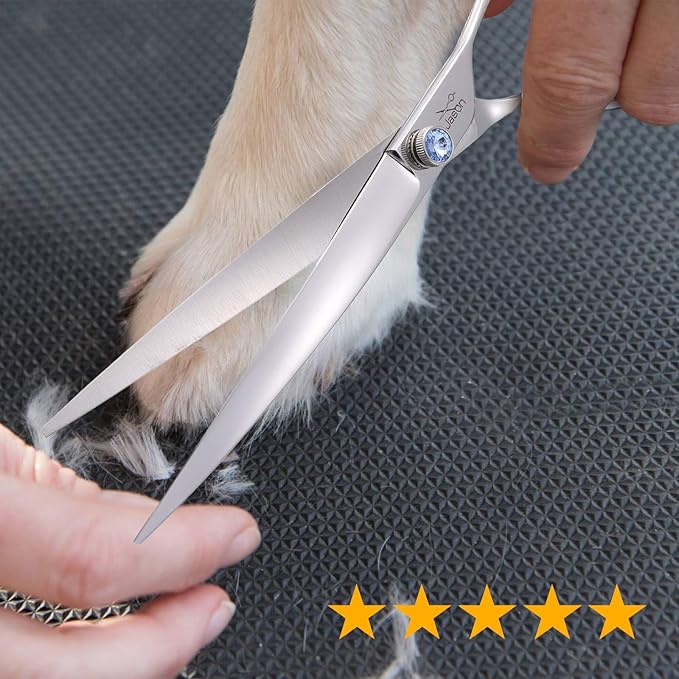 JASON 8" Curved Dog Grooming Scissors Ergonomic Pets Cats Trimming Shears with Offset Handle and a Jewelled Screw for Right Handed Groomers Long Sharp Comfortable-Mewly Pet