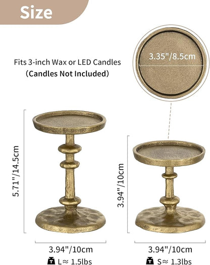 NUPTIO Gold Candle Holders for Pillar: Antique Brass Cast Iron Candleholder for 3 Inch Pillars -Heavy Metal Candle Stand for Christmas Party Table Decor