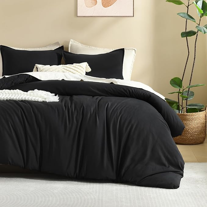 Litanika Black Comforter King Size, 3 Pieces Lightweight Solid Bedding Comforter Set, All Season Fluffy Bed Set (104x90In Comforter & 2 Pillowcases)