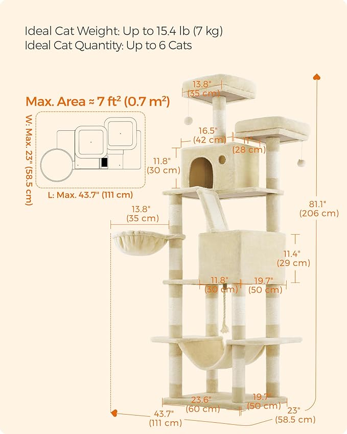 Feandrea Cat Tree, 81.1-Inch Large Cat Tower with 13 Scratching Posts, 2 Perches, 2 Caves, Basket, Hammock, Pompoms, Multi-Level Plush Cat Condo for Indoor Cats, Beige UPCT190M01-Mewly Pet