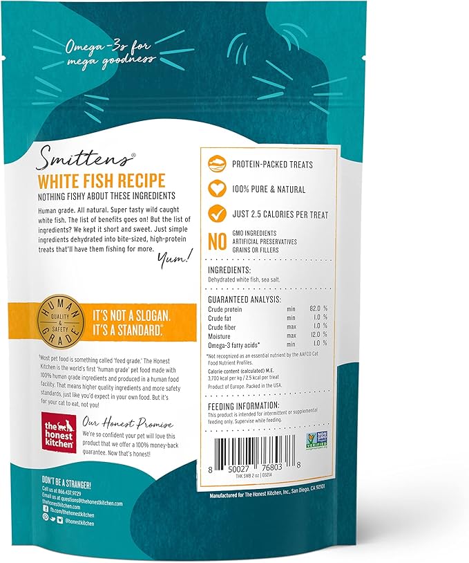 The Honest Kitchen Smittens® Bites: Heart-Shaped White Fish Cat Treats, 1.5 oz Bag-Mewly Pet