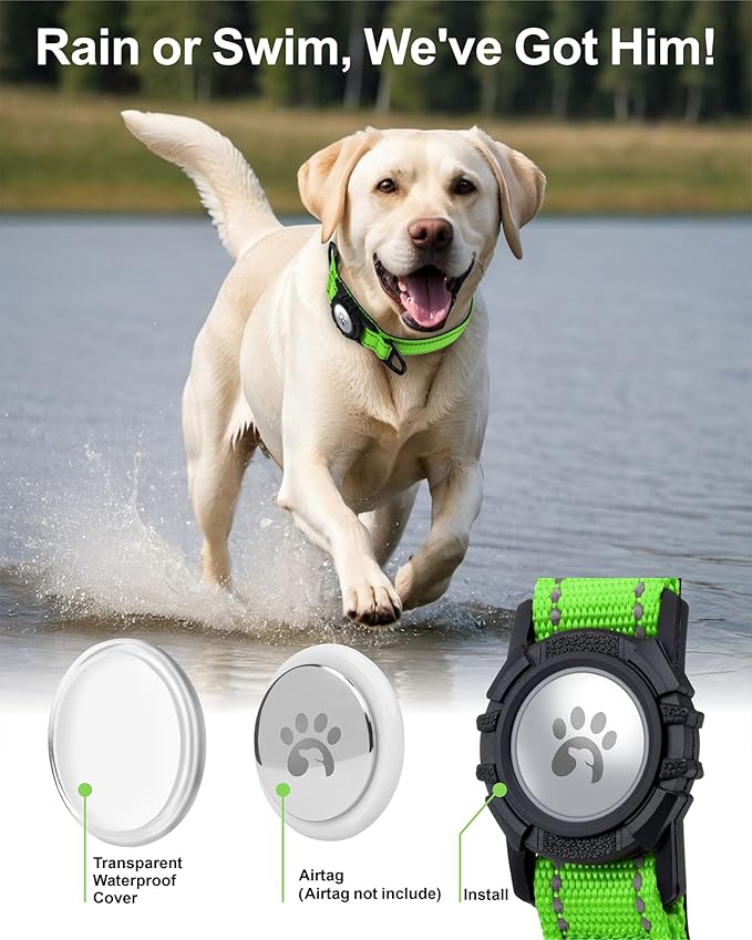 TagME Airtag Dog Collar,Waterproof Reflective Pet Collar with Airtag Holder,Soft Padded and Double D-Rings for Large Dogs,Green-Mewly Pet